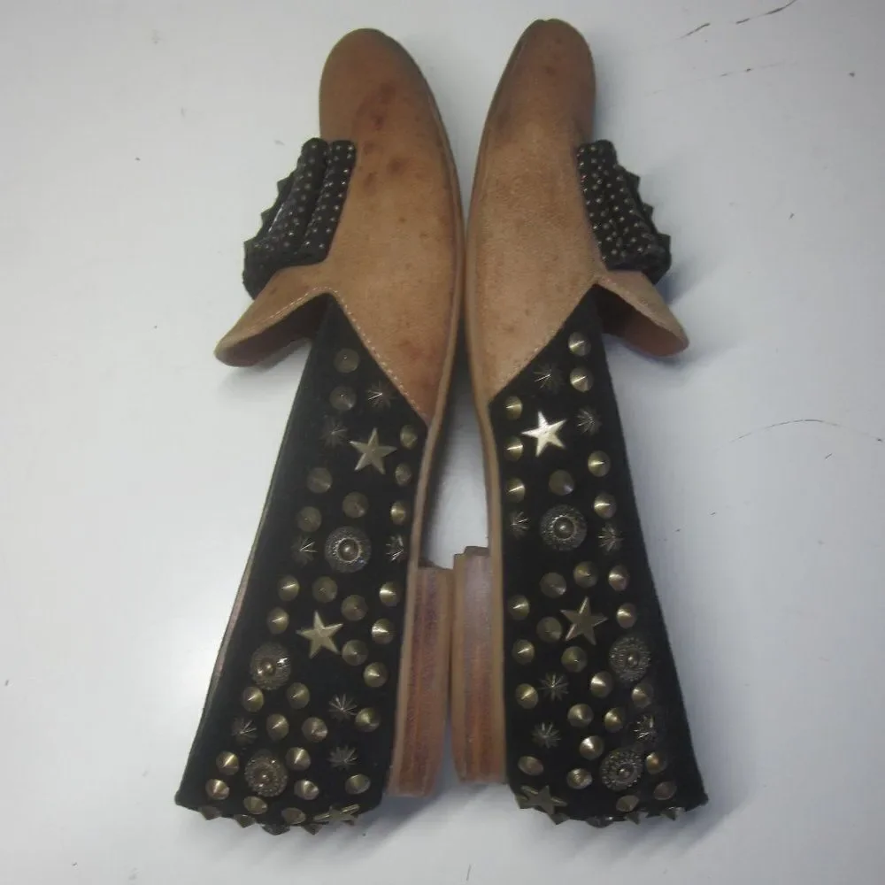 Jeffery Campbell Womens Size 7.5 Slip On Flats Studded Bow Loafer Tan / Black
